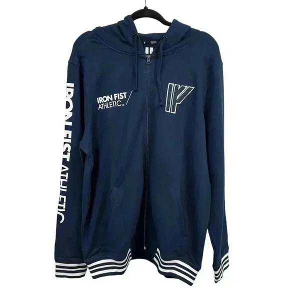 NWT Iron Fist Athletics Large Navy Blue Full Zip Mens Hoodie Striped Gym Workout - Picture 1 of 7